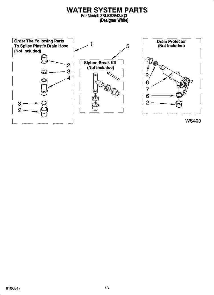 WATER SYSTEM PARTS, OPTIONAL PARTS (NOT INCLUDED) Diagram and Parts List for 3RLBR8543JQ3  Whirlpool Washer