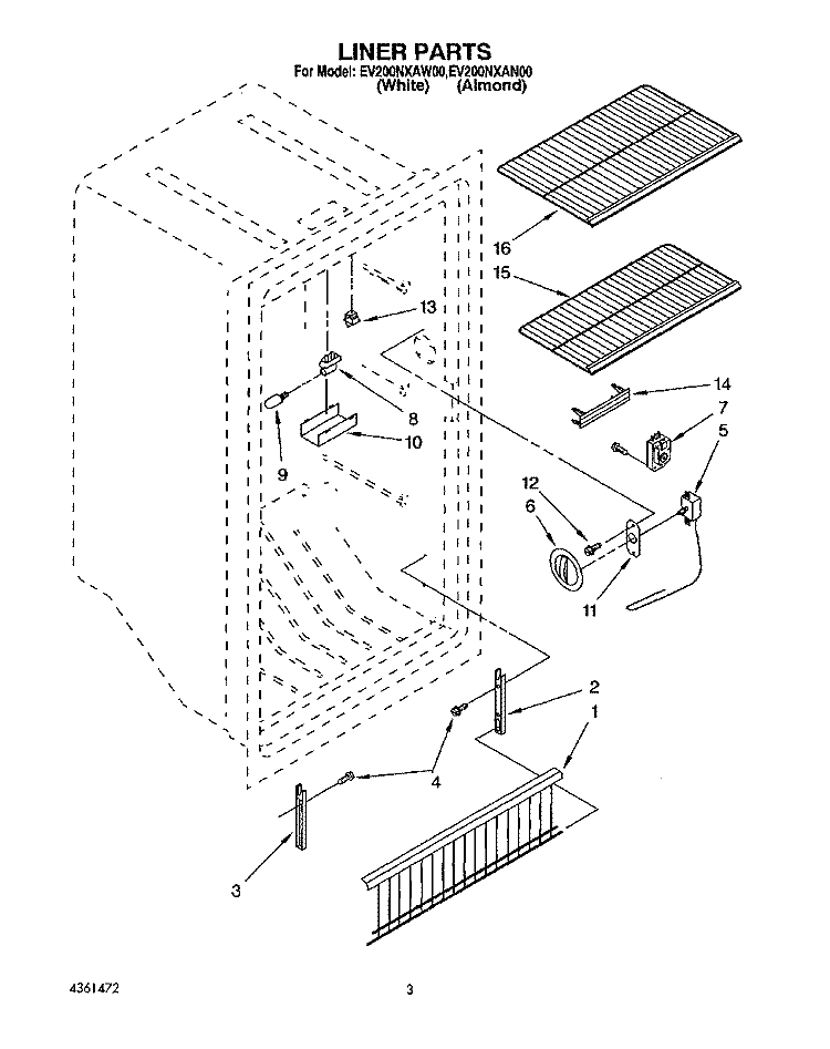 LINER Diagram and Parts List for EV200NXAN00  Whirlpool Freezer