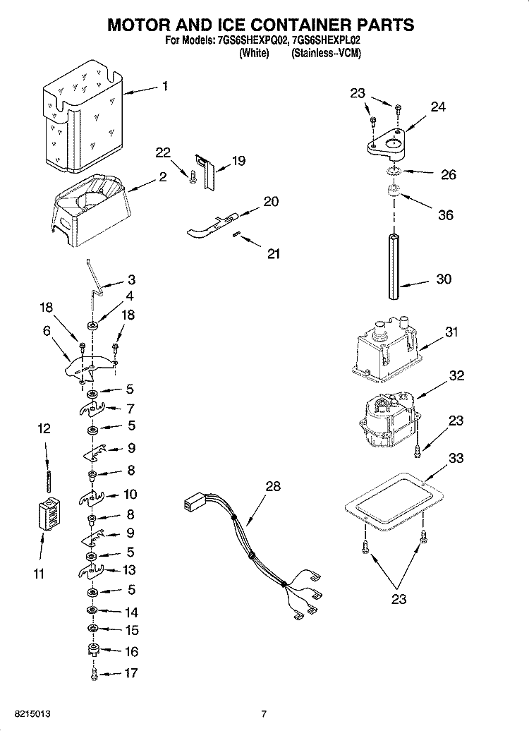 MOTOR AND ICE CONTAINER PARTS Diagram and Parts List for 7GS6SHEXPQ02  Whirlpool Refrigerator