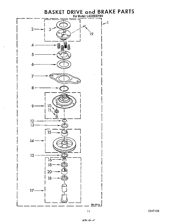 BASKET DRIVE AND BRAKE Diagram and Parts List for LA5550XPW4  Whirlpool Washer
