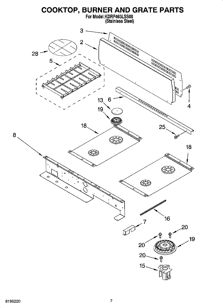 COOKTOP, BURNER AND GRATE PARTS Diagram and Parts List for KDRP463LSS08  KitchenAid Range