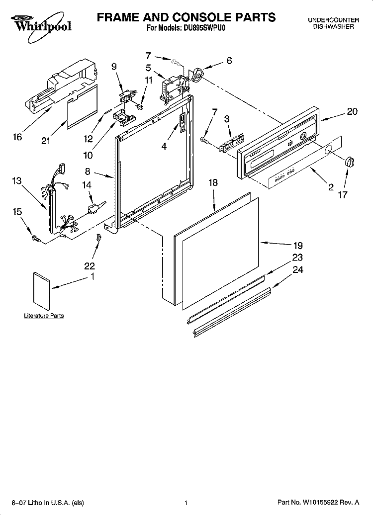 FRAME AND CONSOLE PARTS Diagram and Parts List for DU895SWPU0  Whirlpool Dishwasher