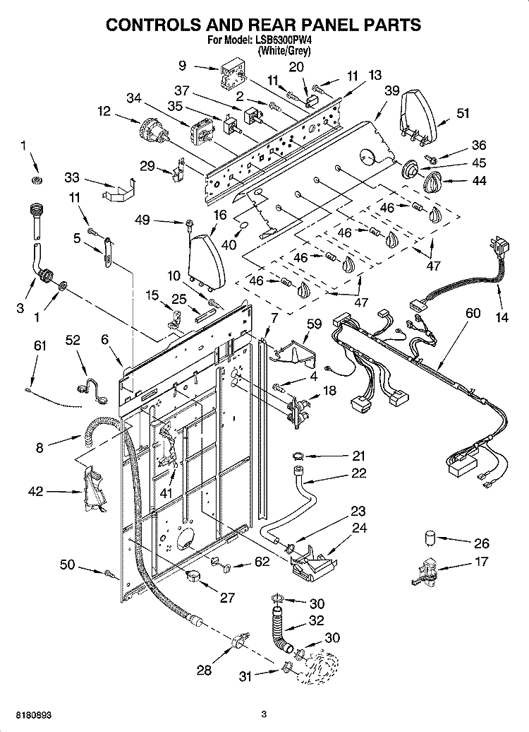 CONTROLS AND REAR PANEL PARTS Diagram and Parts List for LSB6300PW4  Whirlpool Washer