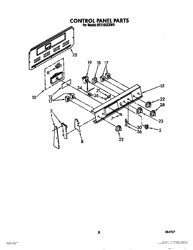 CONTROL PANEL Diagram and Parts List for RF3105XXN0  Whirlpool Range