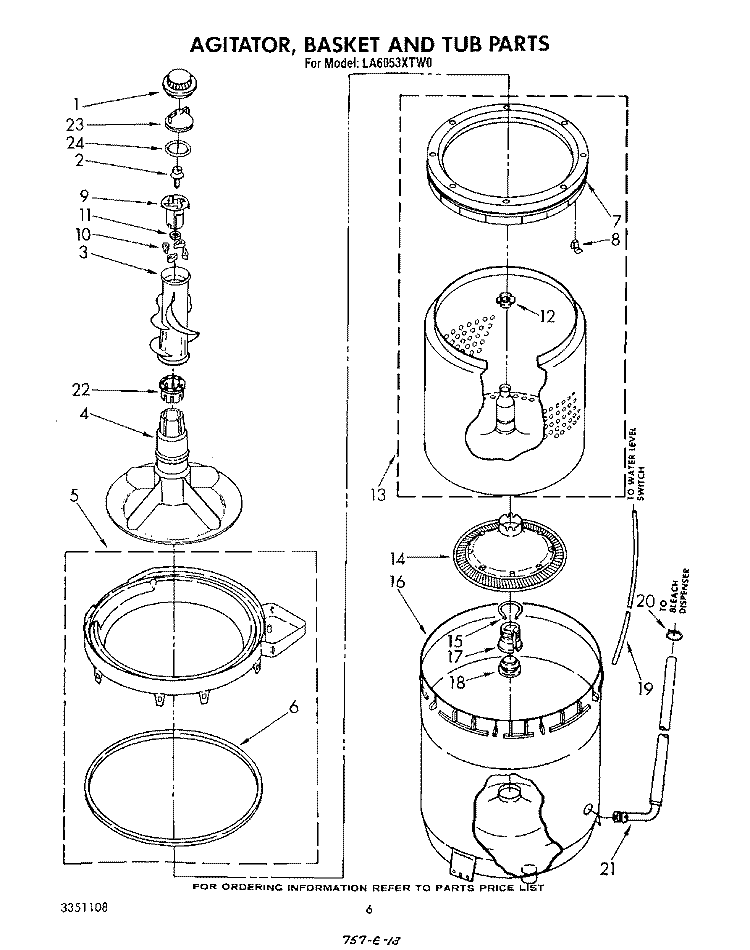 AGITATOR, BASKET AND TUB Diagram and Parts List for LA6053XTF0  Whirlpool Washer