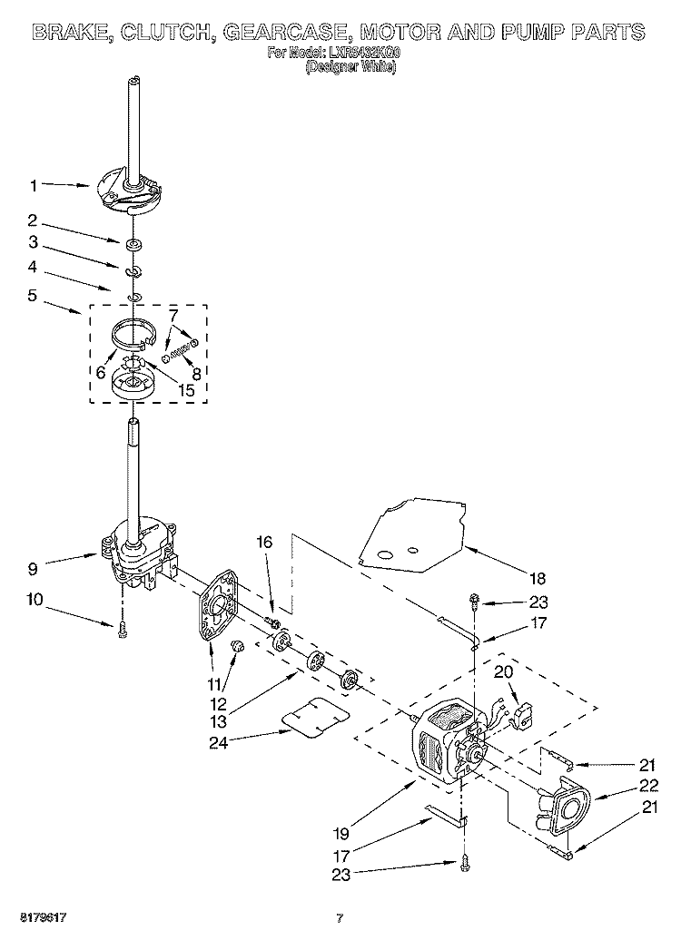 BRAKE, CLUTCH, GEARCASE, MOTOR AND PUMP Diagram and Parts List for LXR5432KQ0  Whirlpool Washer