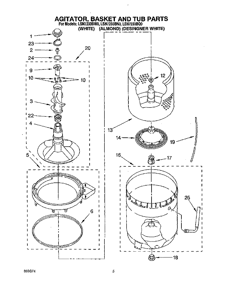 AGITATOR, BASKET AND TUB Diagram and Parts List for LSN7233BN0  Whirlpool Washer