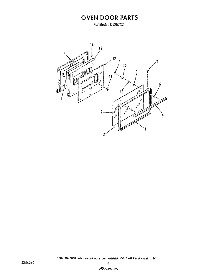 OVEN DOOR Diagram and Parts List for D5257X2  Roper Range