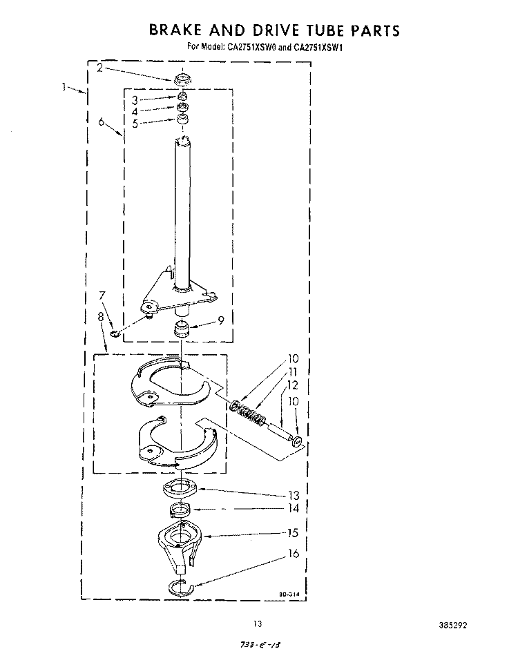 BRAKE AND DRIVE TUB Diagram and Parts List for CA2751XSW0  Whirlpool Washer