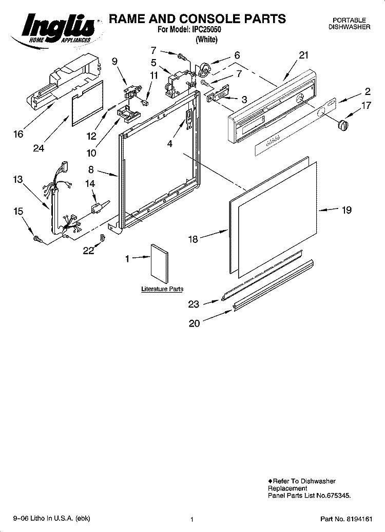 FRAME AND CONSOLE PARTS Diagram and Parts List for IPC25050  Inglis Dishwasher