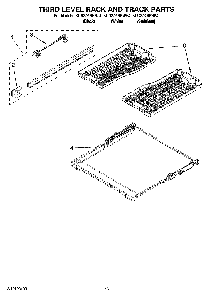 THIRD LEVEL RACK AND TRACK PARTS Diagram and Parts List for KUDS02SRBL4  KitchenAid Dishwasher