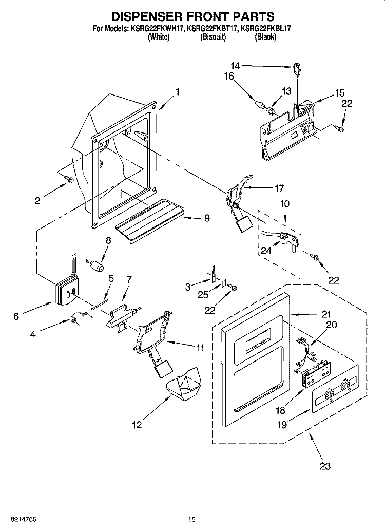 DISPENSER FRONT PARTS Diagram and Parts List for KSRG22FKBL17  KitchenAid Refrigerator