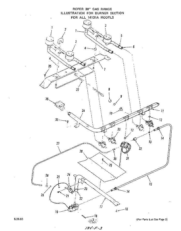 BURNER Diagram and Parts List for 1413W1A  Roper Range