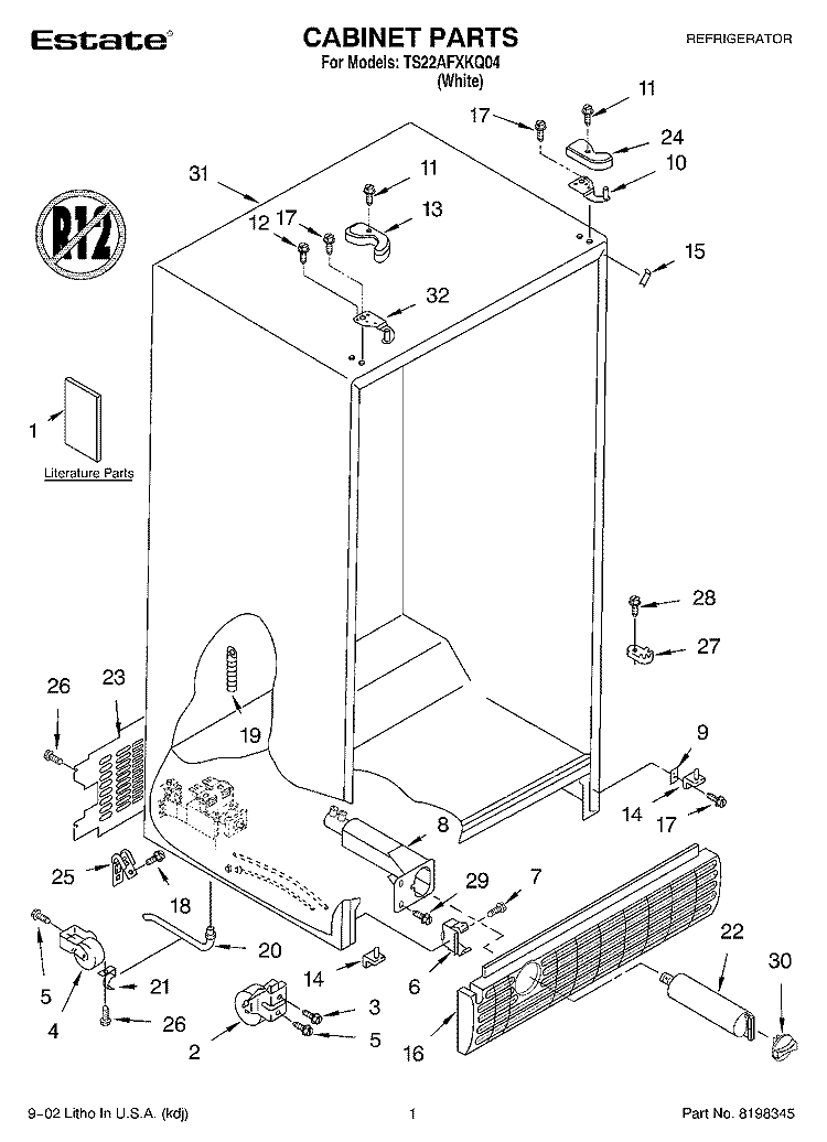CABINET, LITERATURE Diagram and Parts List for TS22AFXKQ04  Estate Refrigerator