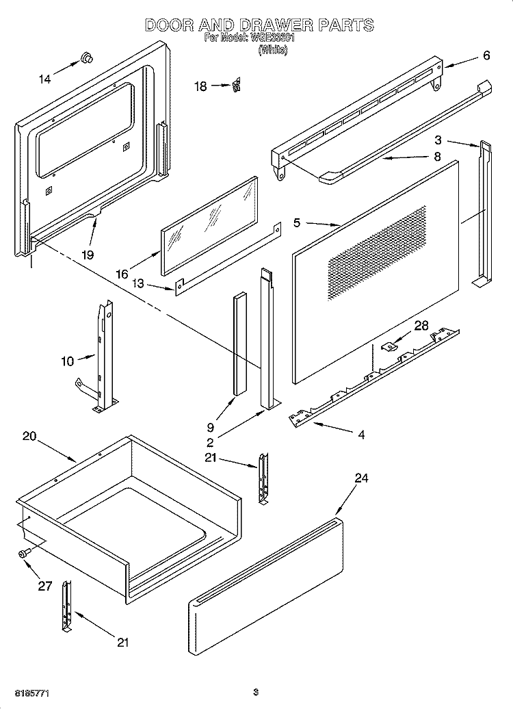 DOOR AND DRAWER PARTS Diagram and Parts List for WGE33301  Whirlpool Range