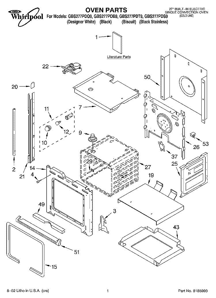 OVEN, LITERATURE Diagram and Parts List for GBS277PDB9  Whirlpool Wall Oven