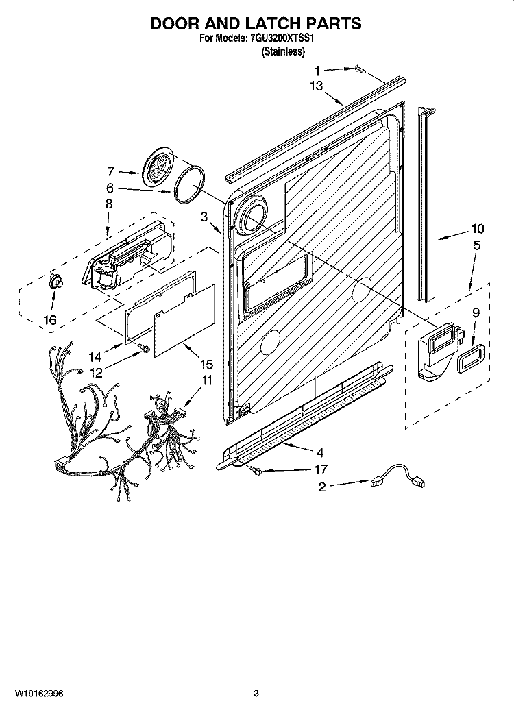DOOR AND LATCH PARTS Diagram and Parts List for 7GU3200XTSS1  Whirlpool Dishwasher