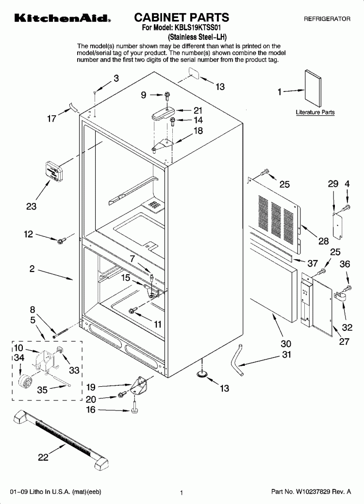 CABINET PARTS Diagram and Parts List for KBLS19KTSS01  KitchenAid Refrigerator