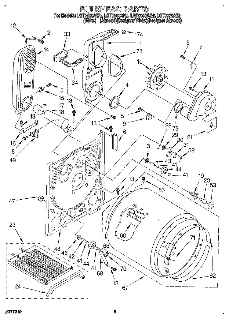 BULKHEAD Diagram and Parts List for LGT8858AW2  Whirlpool Dryer
