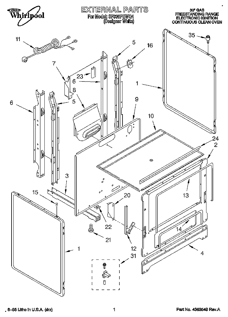 EXTERNAL Diagram and Parts List for SF330PEWQ4  Whirlpool Range
