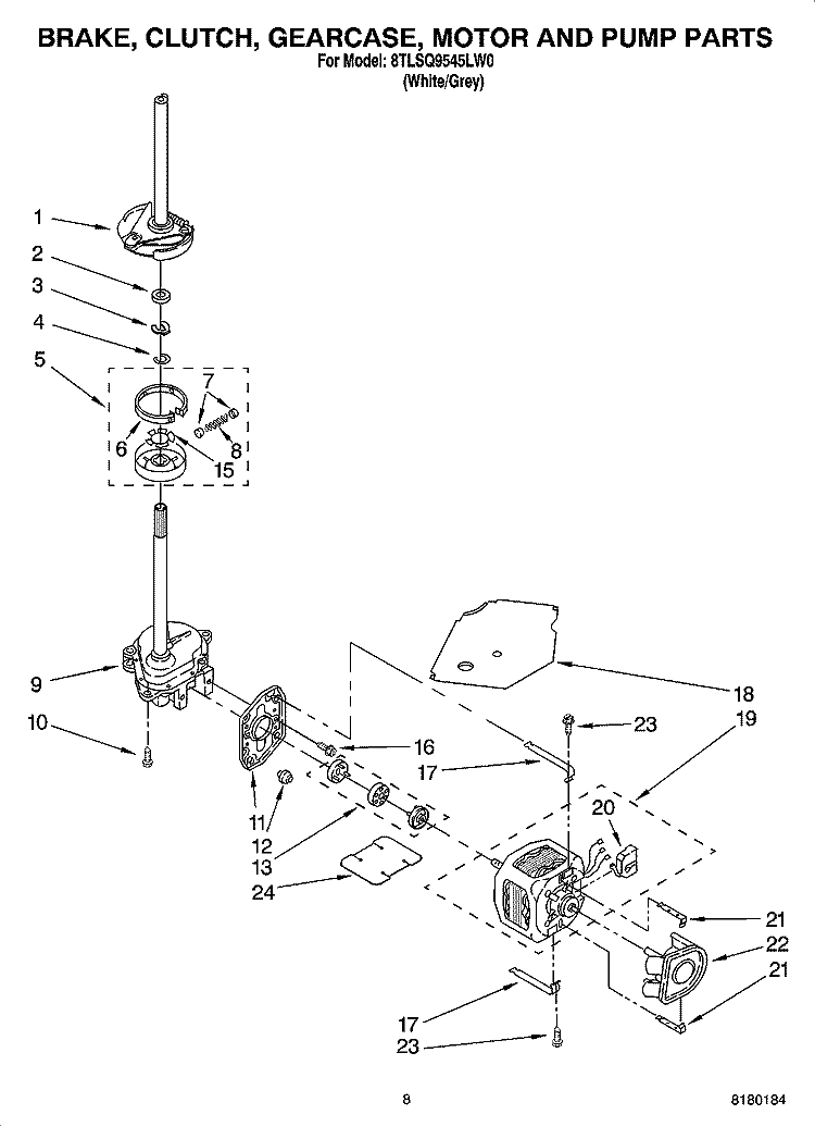 BRAKE, CLUTCH, GEARCASE, MOTOR AND PUMP PARTS Diagram and Parts List for 8TLSQ9545LW0  Whirlpool Washer