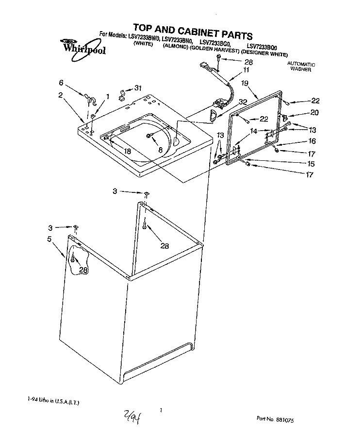 TOP AND CABINET, LIT/OPTIONAL Diagram and Parts List for LSV7233BQ0  Whirlpool Washer