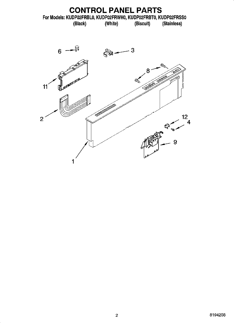 CONTROL PANEL PARTS Diagram and Parts List for KUDP02FRBT0  KitchenAid Dishwasher