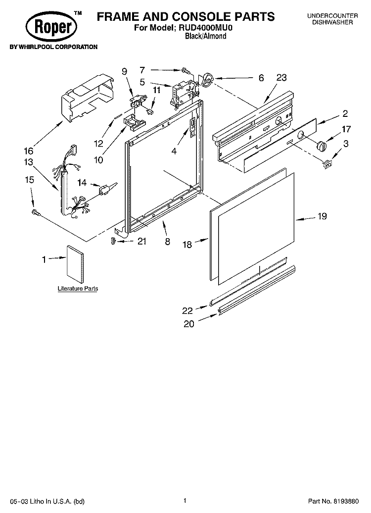 FRAME AND CONSOLE PARTS Diagram and Parts List for RUD4000MU0  Roper Dishwasher
