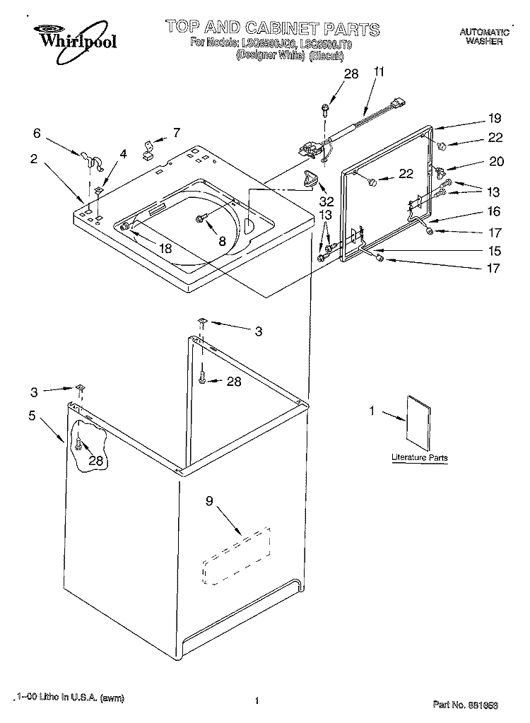 TOP AND CABINET, LITERATURE Diagram and Parts List for LSQ8500JT0  Whirlpool Washer