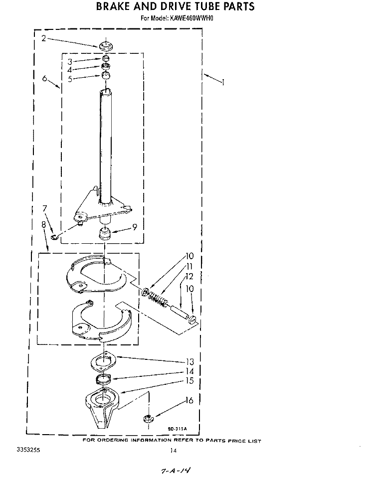BRAKE AND DRIVE TUBE Diagram and Parts List for KAWE460WAL0  KitchenAid Washer