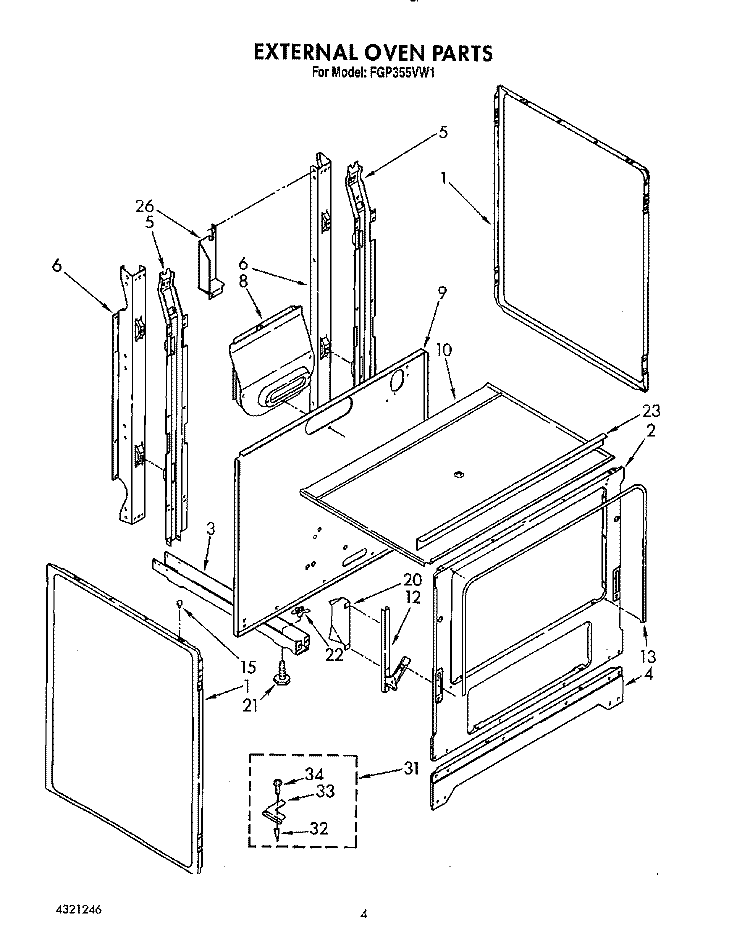 EXTERNAL OVEN Diagram and Parts List for FGP355VW1  Roper Range
