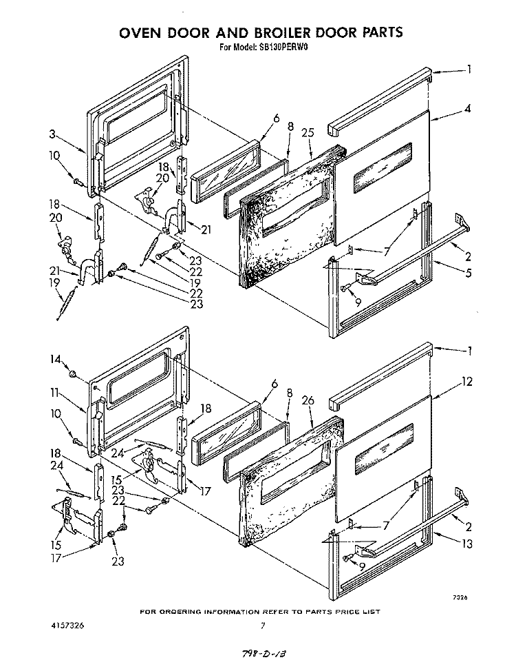 OVEN DOOR AND BROILER DOOR , LITERATURE Diagram and Parts List for SB130PERW0  Whirlpool Range