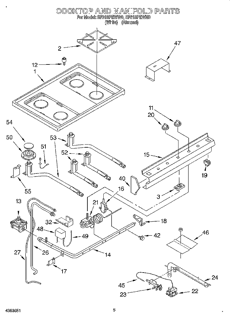 COOKTOP AND MANIFOLD, LITERATURE Diagram and Parts List for SF318PEWN0  Whirlpool Range