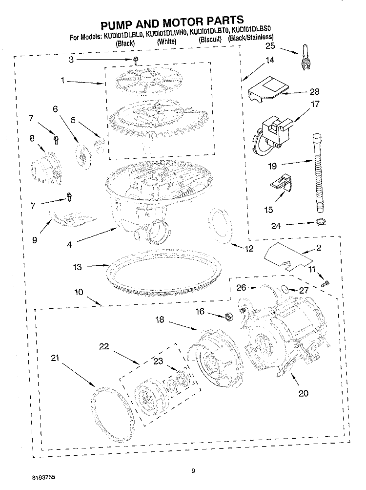 PUMP AND MOTOR Diagram and Parts List for KUDI01DLSS0  Whirlpool Dishwasher