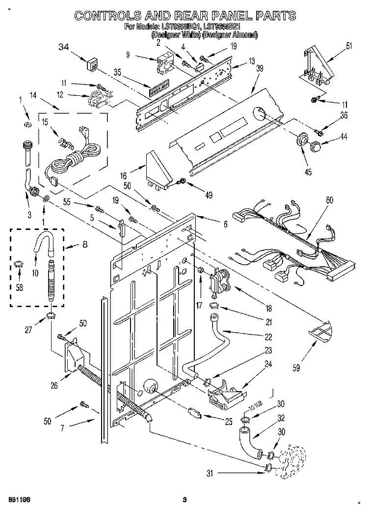 CONTROLS AND REAR PANEL Diagram and Parts List for LST9355BQ1  Whirlpool Washer