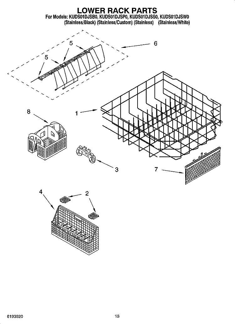 LOWER RACK PARTS Diagram and Parts List for KUDS01DJSP0  KitchenAid Dishwasher