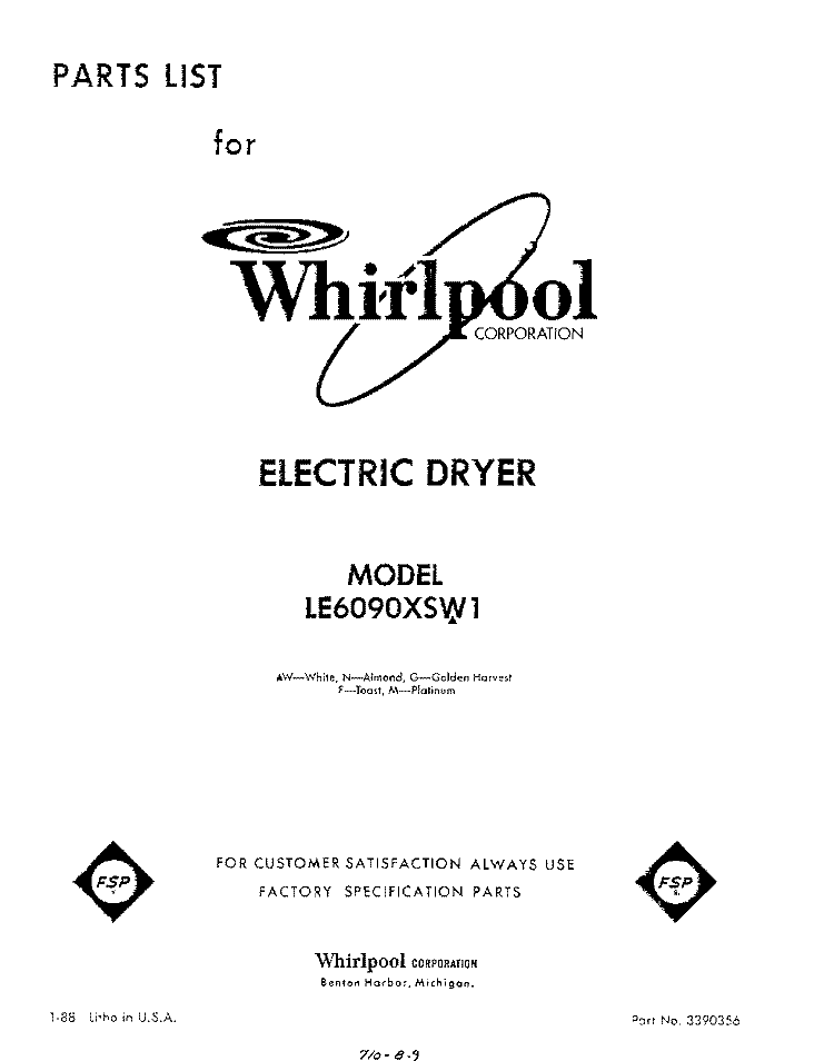 SECTION Diagram and Parts List for LE6090XSW1  Whirlpool Dryer