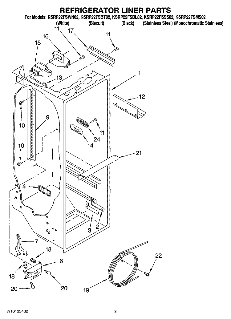 REFRIGERATOR LINER PARTS Diagram and Parts List for KSRP22FSMS02  KitchenAid Refrigerator