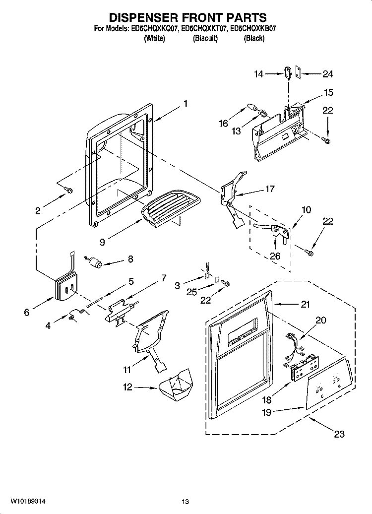 DISPENSER FRONT PARTS Diagram and Parts List for ED5CHQXKT07  Whirlpool Refrigerator