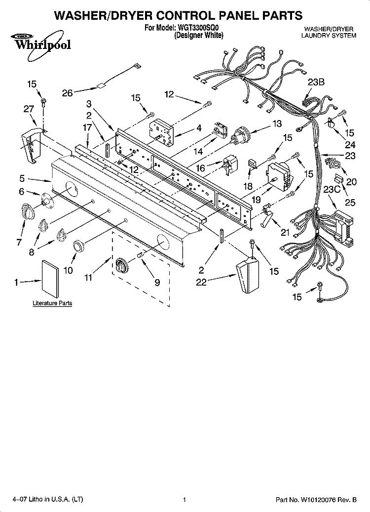 WASHER/DRYER CONTROL PANEL PARTS Diagram and Parts List for WGT3300SQ0  Whirlpool Washer Dryer Combo