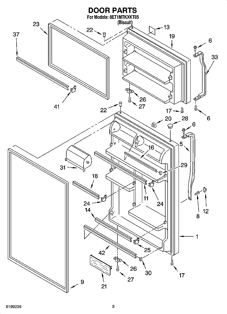 DOOR PARTS Diagram and Parts List for 8ET1MTKXKT05  Whirlpool Refrigerator