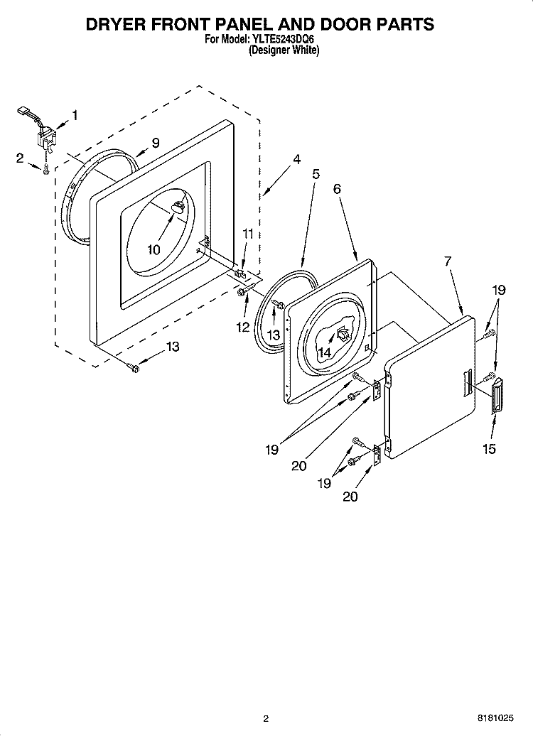 DRYER FRONT PANEL AND DOOR PARTS Diagram and Parts List for YLTE5243DQ6  Whirlpool Washer Dryer Combo