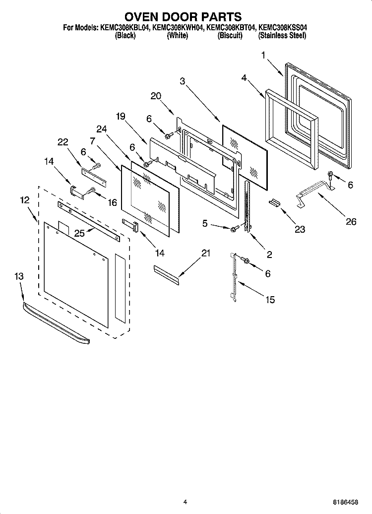 OVEN DOOR PARTS Diagram and Parts List for KEMC308KSS04  KitchenAid Microwave Oven Combo