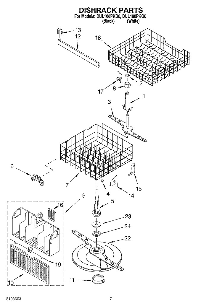 DISHRACK Diagram and Parts List for DUL100PKQ0  Whirlpool Dishwasher