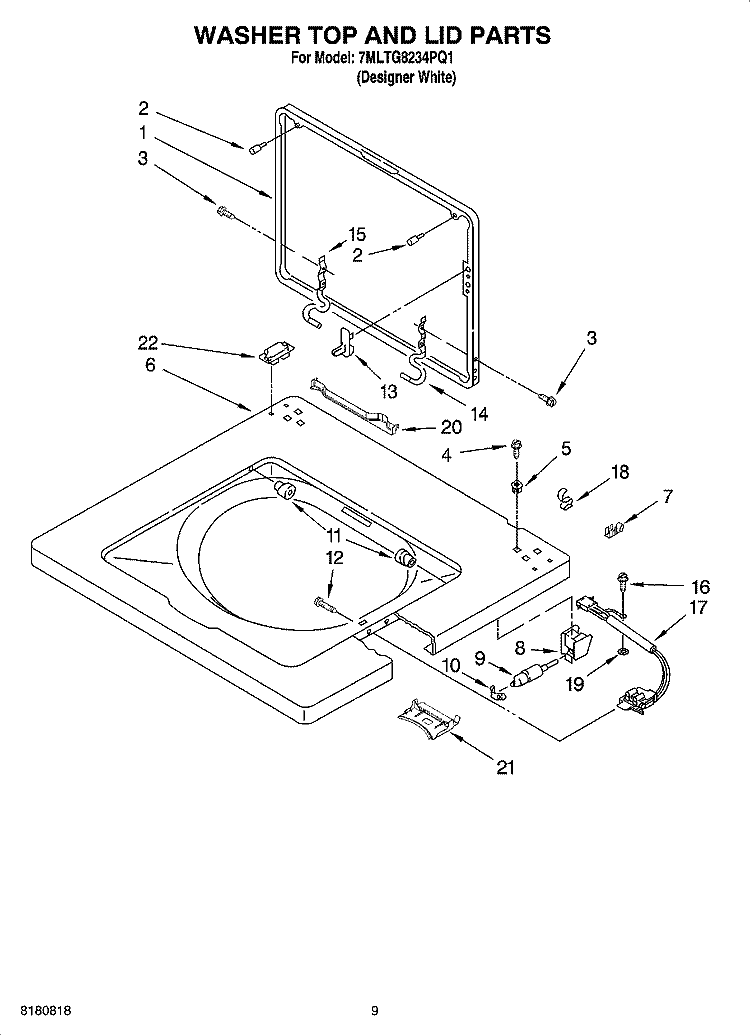 WASHER TOP AND LID PARTS Diagram and Parts List for 7MLTG8234PQ1  Whirlpool Washer Dryer Combo