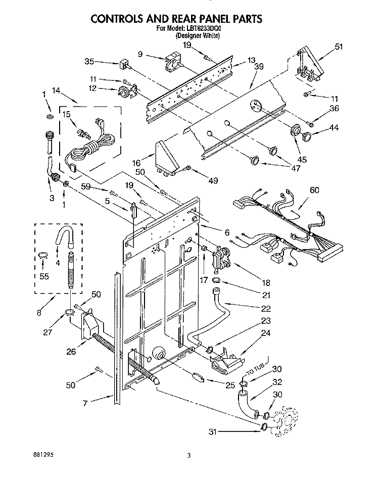 CONTROLS AND REAR PANEL Diagram and Parts List for LBT6233DQ0  Whirlpool Washer