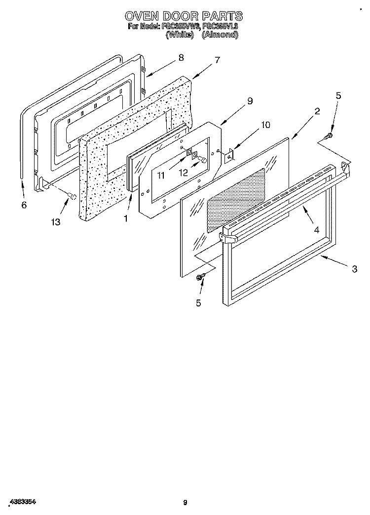 OVEN DOOR, LITERATURE Diagram and Parts List for FGC355VL3  Roper Range