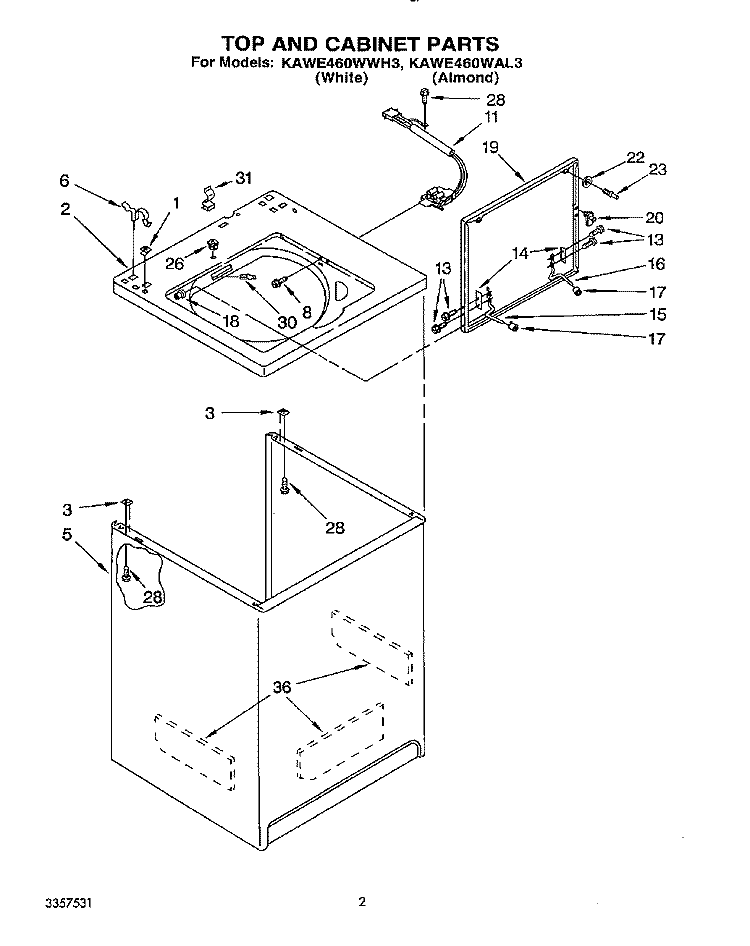 TOP AND CABINET, LIT/OPTIONAL Diagram and Parts List for KAWE460WWH3  KitchenAid Washer