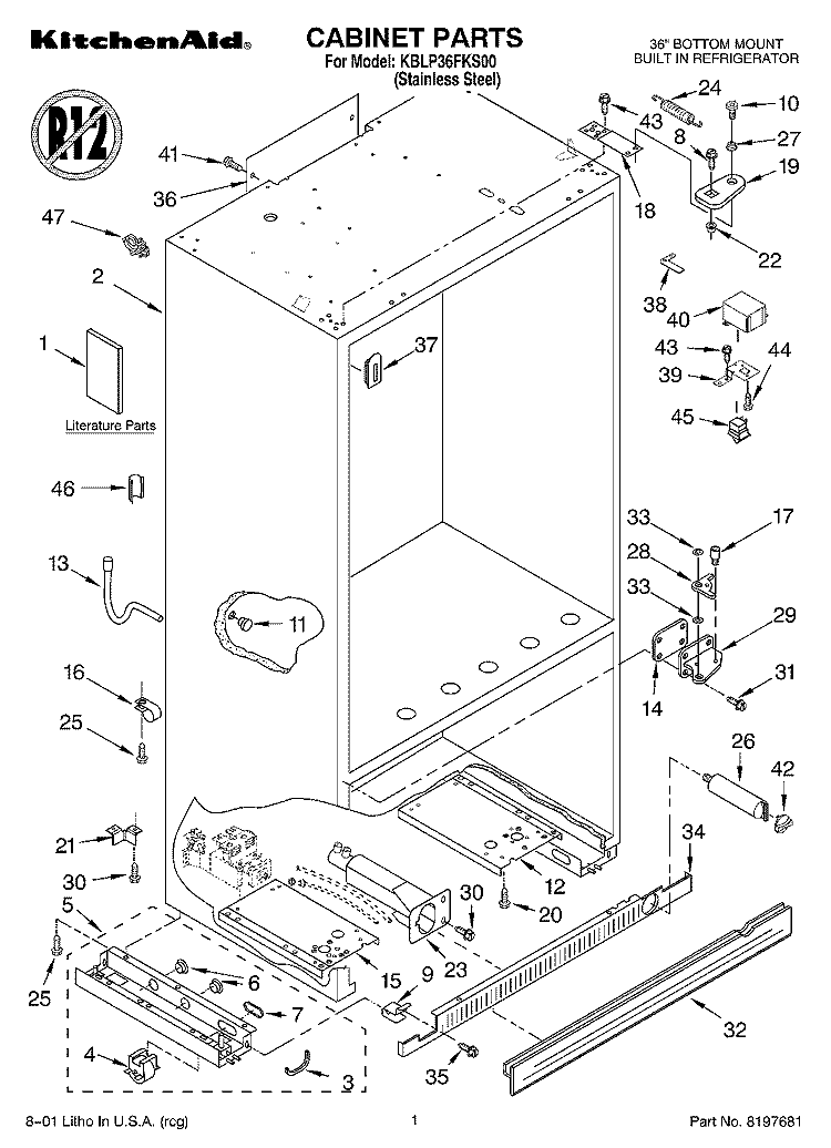 CABINET, LITERATURE Diagram and Parts List for KBLP36FKS00  KitchenAid Refrigerator