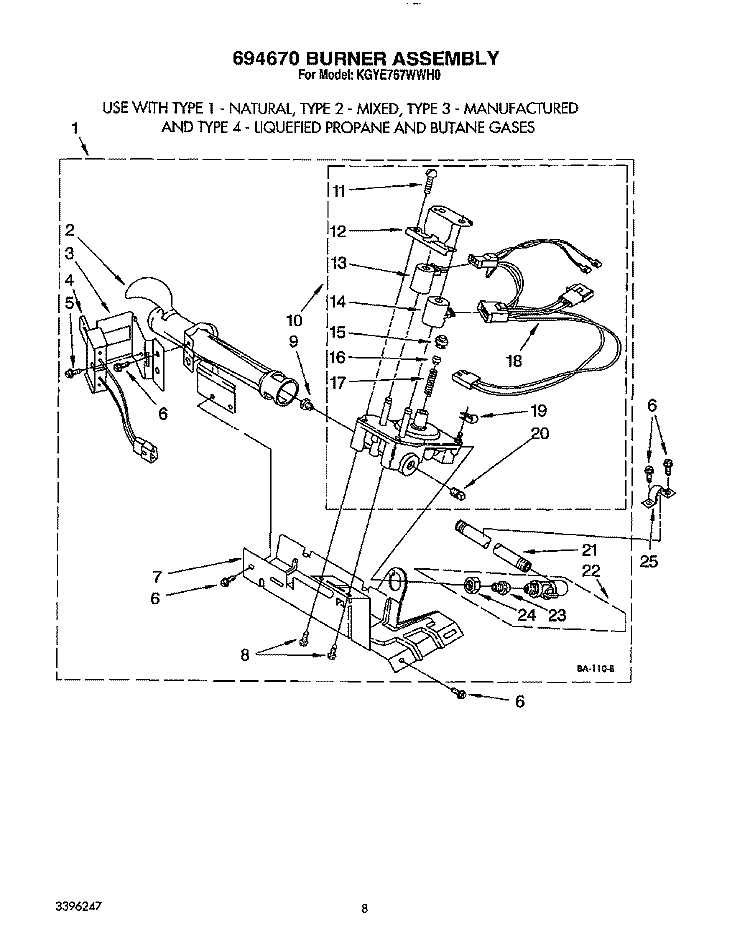 694670 BURNER ASSEMBLY Diagram and Parts List for KGYE767WWH0  KitchenAid Dryer